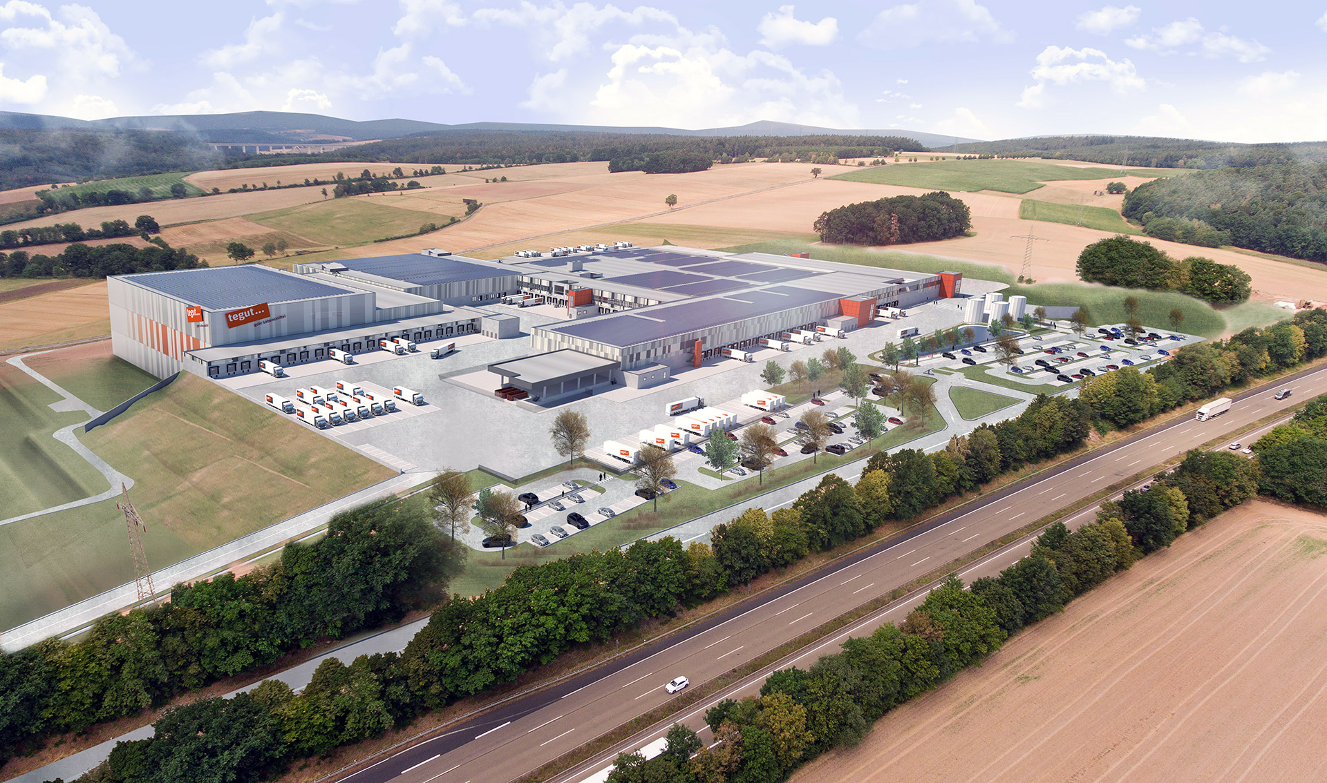 3D-Visualisierung des Neubaus an der A7 . Neubau Logistikzentrum Tegut, Michelsrombach